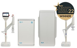 흰색 배경에 Milli-Q® IQ 7003/05/10/15 정제수 시스템과 오른쪽 위 구석의 Scientist&apos;s Choice Awards 22 수상 로고.