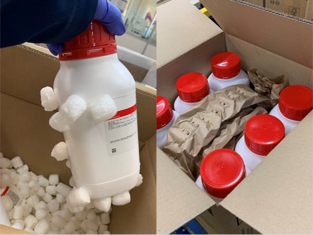 packing peanuts vs crumpled paper Two images of bottles. On the left, abottle has packing peanuts stuck to the side. On the right, bottles are secured using recycled paper.