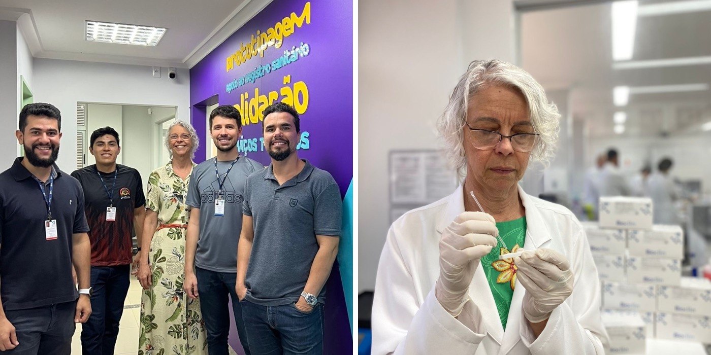 (L) Grupa badaczy stoi przed laboratorium. (R) Dr Bührer ma na sobie fartuch laboratoryjny, rękawiczki i trzyma w dłoni szybki test na chorobę Hansena. Patrzy w dół i trzyma wacik.