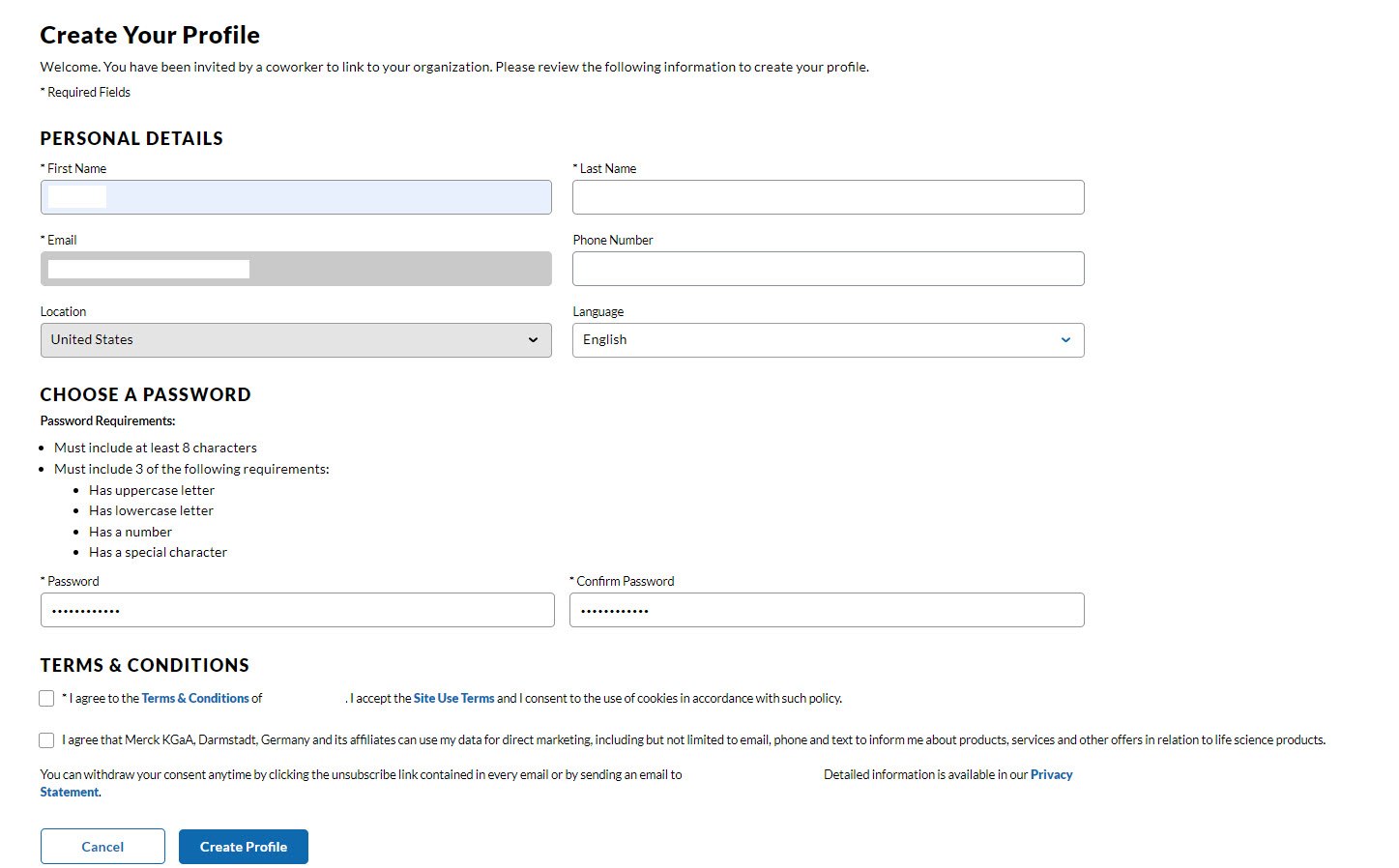 The invited co-worker is guided to a form and only needs to fill in their personal details and choose a password. The invited co-worker is guided to a form and only needs to fill in their personal details and choose a password.