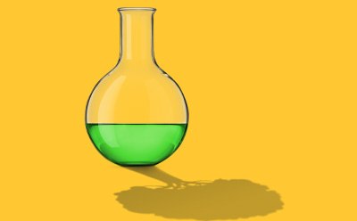 Transform Your Lab Green Analytical Chemistry A flask with green liquid on yellow background, reflection has the shape of a tree