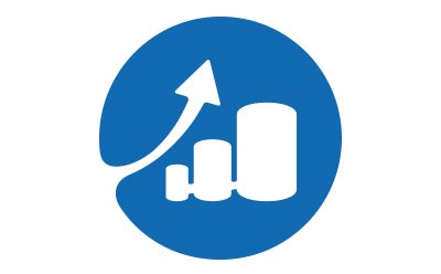 A blue circle with a white icon at its center of ascending bar graphs with an upward arrow. A blue circle with a white icon at its center of ascending bar graphs with an upward arrow.
