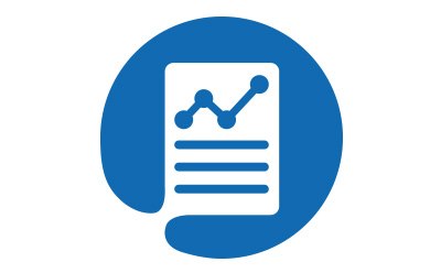 A blue circle with a white icon of a document with a graph at its center. A blue circle with a white icon of a document with a graph at its center.