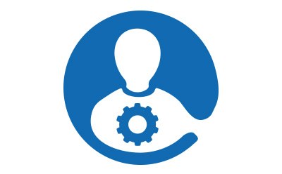 A blue circle with a white icon at its center of a person with a gear symbol. A blue circle with a white icon at its center of a person with a gear symbol.