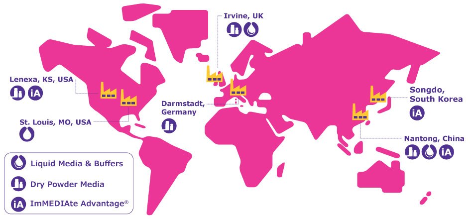 World map highlighting manufacturing sites across the globe in Lenexa, St. Louis, Irvine, Darmstadt, Songdo, and Nantong and indicating which sites manufacture liquid and dry powder/compacted media and which offer imMEDIAte ADVANTAGE® Services. World map highlighting manufacturing sites across the globe in Lenexa, St. Louis, Irvine, Darmstadt, Songdo, and Nantong and indicating which sites manufacture liquid and dry powder/compacted media and which offer imMEDIAte ADVANTAGE® Services.
