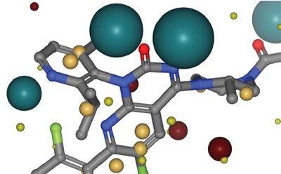 A 3D molecular model displaying various atoms represented by colored spheres and rods. The structure includes large teal spheres indicating specific atoms, while smaller spheres in yellow, red, and brown represent other elements. The connections between atoms are depicted with gray and blue rods, illustrating the molecular framework. A 3D molecular model displaying various atoms represented by colored spheres and rods. The structure includes large teal spheres indicating specific atoms, while smaller spheres in yellow, red, and brown represent other elements. The connections between atoms are depicted with gray and blue rods, illustrating the molecular framework.