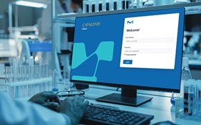Catalexis Catalyst Screening Platform A close-up of a computer screen displaying a login interface for "Catalent" with fields for username and password. A person's hands are visible on a keyboard, with laboratory equipment in the background.