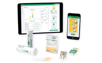 Image shows the packaging boxes of MQuant® Test Strips, the universal reference card, and two devices displaying the MQuant® StripScan App running