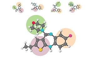 Shape Based Search Image depicts molecule structure with 4 possible matches according to shape-based search for optimal alignment of 3D structure.