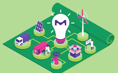 Illustration of sustainability: a vibrant M light bulb surrounded by icons of eco-friendly practices. Illustration of sustainability: a vibrant M light bulb surrounded by icons of eco-friendly practices.