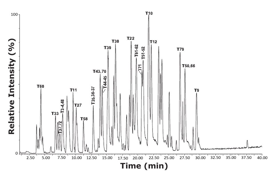 Base peak intensity (BPI) chromatogram of tryptic peptides from bovine serum albumin (cow) using the RPLC mode gradient conditions. A base peak chromatogram from the analysis of tryptic peptides derived from bovine serum albumin at a concentration of 10 pmol/μL, obtained using reverse-phase liquid chromatography (RPLC) mode with gradient elution. The horizontal axis represents retention time in minutes, ranging from 2.5 to 40, and the vertical axis displays relative intensity in percentage, from 0 to 100. The chromatographic trace shows a series of well-resolved peaks, each corresponding to distinct peptide fragments, with labels such as T68, T33, T13, T4, T48, T11, T27, T58, T35, T36, T37, T43, T70, T44, T45, T38, T39, T22, T61, T62, T71, T51, T52, T10, T12, T79, T50, T66, and T9. The most intense peak, labeled T10, appears at approximately 21 minutes, indicating the dominant peptide in this analysis. Peaks are distributed broadly across the entire time range, with clustering observed between 10 and 30 minutes, highlighting the complexity and resolution capability of the RPLC method for peptide separation. The sharpness and varying heights of the peaks demonstrate good separation efficiency and sensitivity of detection.