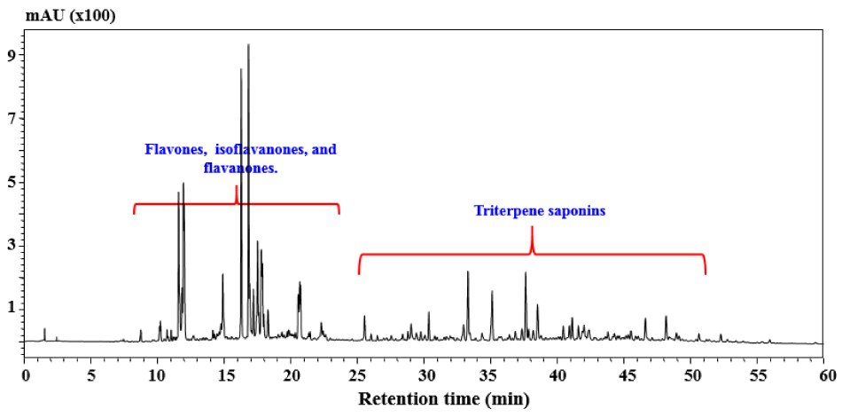 A chromatogram from a 1D-LC-PDA analysis of licorice extract, illustrating the separation of various compounds over time. The x-axis represents retention time in minutes, ranging from 0 to 60, while the y-axis indicates the absorbance measured in milli-absorbance units (mAU), scaled by a factor of 100, extending from 0 to 9. The chromatogram features multiple peaks, with a prominent cluster between 10 and 23 minutes, labeled as flavones, isoflavanones, and flavanones, indicated by a red bracket. Another significant grouping of peaks appears between 25 and 48 minutes, associated with triterpene saponins, also marked with a red bracket.