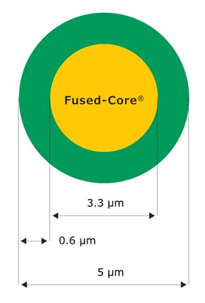 An illustrative depiction showcases a 5.0 µm particle featuring a fused core design. The solid core, colored in yellow and measuring 3.3 µm, is encased within a green porous outer shell with a thickness of 0.6 µm.