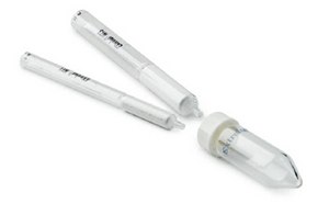 Two white pens with silver clips and tips, one capped with a clear plastic cap and the other uncapped, are laid out on a plain white background.