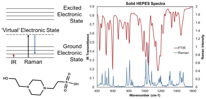 On the left the chemical structure of HEPES, and an energy diagram showing the differences between Raman and IR are shown. On the left the chemical structure of HEPES, and an energy diagram showing the differences between Raman and IR are shown.