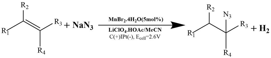 A chemical reaction involving the oxidation of a compound with multiple substituents, represented by a carbon-carbon double bond backbone with four attached groups labeled R1, R2, R3, and R4 upon reaction with sodium azide (NaN3). An arrow points to the right, indicating the direction of the reaction, with the catalyst MnBr2·4H2O noted above the arrow, alongside other reagents, including lithium perchlorate (LiClO4), acetic acid (HOAc), and acetonitrile (MeCN), along with specific electrochemical conditions, including a cell voltage of 2.6 volts. On the right side, the resulting product is shown, featuring two azide groups (N3) incorporated into the structure, with hydrogen gas (H2) as a byproduct. The entire illustration is rendered in black on a white background, providing a clean contrast that emphasizes the chemical structures and the details of the reaction conditions.