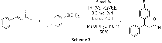 Carreira DOLEFIN Ligands formation of 1,4-adduct from 4-fluorophenylboronic acid to cinnamaldehyde
