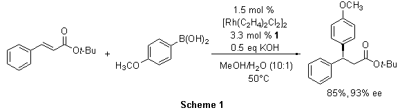 Carreira DOLEFIN Ligands tert-butyl cinnamate was converted to (S)-tert-butyl 3-(4-methoxyphenyl)-3-phenylpropanoate in the presence of the Rh(I)-1 complex