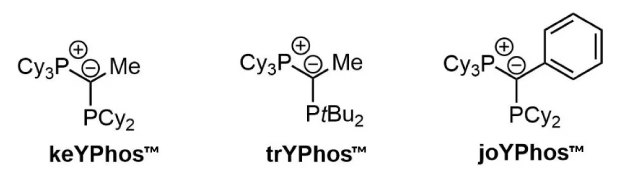 A diagram displaying three chemical structures labeled as keYPhos (913294), trYPhos (913030), and joYPhos (912042). Each structure features a phosphine group with various substituents, including a cyano group (Cy3P), a methyl group (Me), and a phenyl group (Ph) in the case of joYPhos. The structures indicate different configurations of the phosphine ligands.