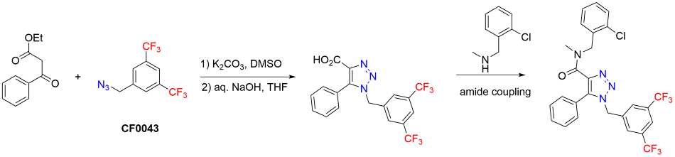 Example of 3,5-bis(trifluoromethyl)benzyl azide used as a key starting material in the synthesis of Elli Lilly´s neurokinin-1 antagonists Reaction scheme example of 3,5-bis(trifluoromethyl)benzyl azide used as a key starting material in the synthesis of Elli Lilly´s neurokinin-1 antagonists