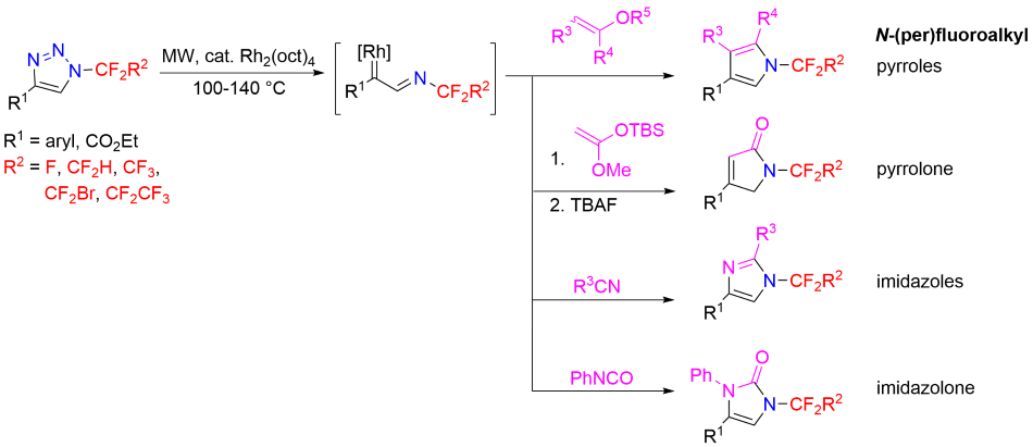 Denitrogenative ring opening under microwave conditions using a Rhodium catalyst Denitrogenative ring opening under microwave conditions using a Rhodium catalyst with generic pyrrole, pyrrolone, imidazole, and imidazolone products