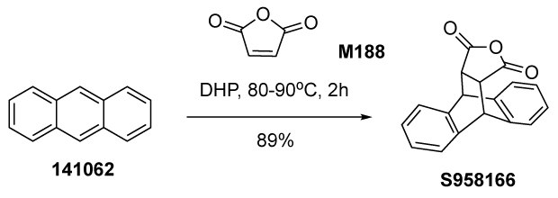Diels-Alder cycloaddition reaction between anthracene and maleic anhydride. Anthracene is depicted as a three-ring aromatic hydrocarbon structure, while maleic anhydride is shown with a cyclic anhydride group. The reaction is facilitated in DHP as a solvent at a temperature range of 80 to 90 degrees Celsius for 2 hours. The resulting product is a cycloaddition compound, where the maleic anhydride has formed a new eight-membered ring with anthracene, indicating successful Diels-Alder reaction. The process yields 89% of the final cycloadduct, showcasing the transformation of the reactants into a more complex cyclic structure.