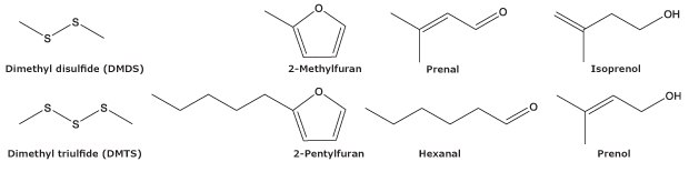 VOC compounds produced by insects at the larvae stage. Chemical structures of characteristic compounds produced by insects during their larval stage.