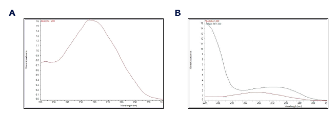 Elution of purified DNA and retention of proteins, lipids, and other molecules using and GenElute™-E Single Spin Blood DNA High Yield Kit with mouse blood samples. A) Absorbance spectra of purified genomic DNA (red line). B) Absorbance spectra of GenElute™-E spin column retentate (black line) overlaid on purified DNA spectra (red). Retentate spectra shows protein and other contaminants with OD at ~280nm or ≤240nm. Note change of scale on y-axis. Elution of purified DNA and retention of proteins