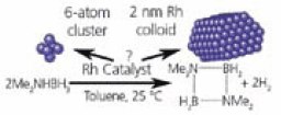 Schematic pathway of formation of Rh clusters during the dehydrogenation of dimethylamino-borane (DMAB). <sup>17</sup> Schematic pathway of formation of Rh clusters during the dehydrogenation of dimethylamino-borane (DMAB).