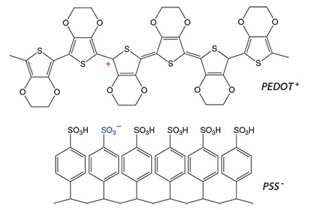 Chemical structure of PEDOT<sup>+</sup>and PSS<sup>-</sup>