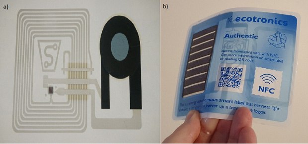 Examples of electronic devices on sustainable substrates A) paper anti-counterfeit label with electrochromic display and NFC antennae B) PLA logger w/ OPV panel, supercapacitor & NFC
