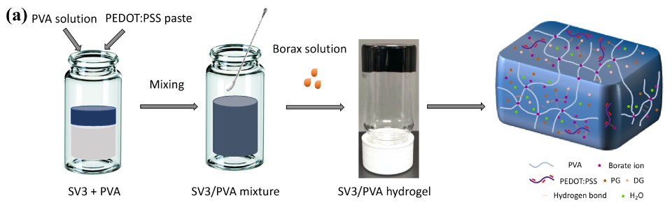 This illustration visually depicts the step-by-step preparation of SV3/PVA hydrogel. In Step 1, a PVA solution and PEDOT:PSS paste are added to a vial and mixed to create a homogeneous mixture. Step 2 involves adding a borax solution to the vial, which leads to the formation of the SV3/PVA hydrogel. The illustration provides a clear and informative representation of the hydrogel preparation process, highlighting the essential steps involved in creating the homogeneous hydrogel material. This illustration visually depicts the step-by-step preparation of SV3/PVA hydrogel. In Step 1, a PVA solution and PEDOT:PSS paste are added to a vial and mixed to create a homogeneous mixture. Step 2 involves adding a borax solution to the vial, which leads to the formation of the SV3/PVA hydrogel. The illustration provides a clear and informative representation of the hydrogel preparation process, highlighting the essential steps involved in creating the homogeneous hydrogel material.