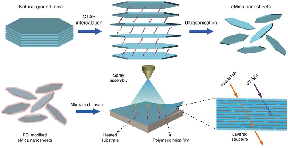Schematic illustration showing exfoliation process of natural ground mica into eMica nanosheets via intercalation with CTAB Schematic illustration showing exfoliation process of natural ground mica into eMica nanosheets via intercalation with CTAB