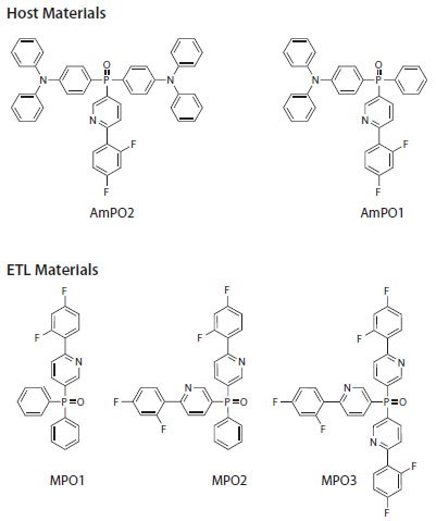 Difluorophenylpyridine-substituted phosphine oxide (DFppy-PO) host (top) and ETL (bottom) materials. Figure 6. Difluorophenylpyridine-substituted phosphine oxide (DFppy-PO) host (top) and ETL (bottom) materials.