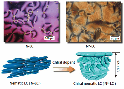 Chiral nematic LC (N*-LC) induced by an addition of chiral dopant into nematic LC. Schlieren texture (left) and fingerprint texture (right) are observed for nematic and chiral nematic LCs, respectively, in polarized optical microscope.