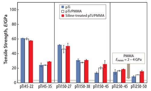 Young’s moduli of pTi, pTi/PMMA, and Si-treated pTi/PMMA. Young’s moduli of pTi, pTi/PMMA, and Si-treated pTi/PMMA.