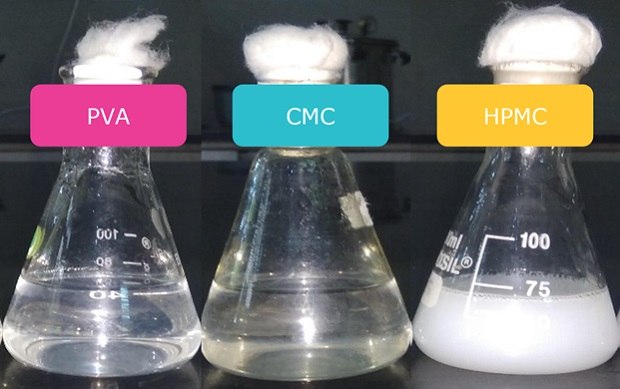 Comparison of CMC, HPMC and PVA following steam sterilization Flasks containing PVA, CMC, and HPMC individually after steam sterilization.