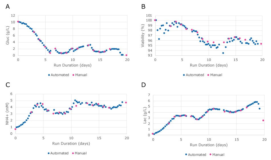 Comparison of automated and manual sampling for measurements of glucose (A), cell viability (B), ammonium (C), and lactate (D). A comparison of automated and manual sampling for measurements of glucose (A), cell viability (B), ammonium (C), and lactate (D) showed that four times more data were collected.
