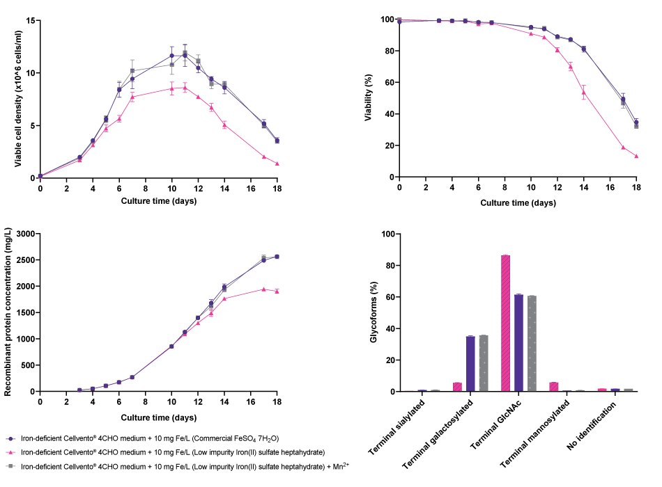 Effect of iron-containing manganese impurity on cell line performance and glycosylation profile for CHO K1 mAb2 when cultured in Cellvento<sup>®</sup> 4CHO medium supplemented either with a commercial Ferrous Sulfate heptahydrate (FeSO<sub>4</sub>·7H<sub>2</sub>O) iron source (high manganese impurity) or with Low impurity Iron(II) sulfate heptahydrate for Cell Culture Media. Additionally, use of Low impurity Iron(II) sulfate heptahydrate in Cellvento<sup>®</sup> 4CHO with an adjusted manganese level as present in commercial FeSO<sub>4</sub> was tested. Line graphs and bar charts showing that the adjustment of the manganese level in the cell culture medium using Low impurity Iron(II) sulfate heptahydrate for Cell Culture Media to the same level present in commercial FeSO4·7H2O restored the viable cell density, cell viability, titer, and glycosylation profile of CHO K1 mAb2 to a similar level obtained upon commercial FeSO4·7H2O usage.