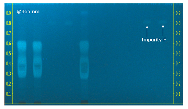 Chromatograms at long (365 nm) wavelength. A thin-layer chromatography (TLC) plate, viewed under a wavelength of 365 nm after being sprayed with fluorescamine, displays a blue color. On both the right and left edges of the plate, there are 9 yellow markings, starting from the bottom and labeled from 0.1 to 0.9, each placed at intervals of 0.1 cm. The plate reveals three distinct faded bands, representing the impurities labeled D, E, and G. These bands stand out clearly against the blue background, indicating the presence and separation of these impurities.