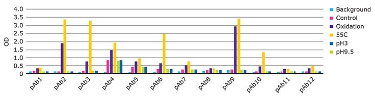 The effect of oxidation, heat and pH change on Rituxan, measured using the RituBridge PCA ELISA 1 (of 3). Spikes in optical density occur when normally inaccessible epitopes become exposed, and are indicative of changes in HOS.