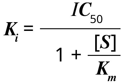 Ki (Enzyme Inhibition Constant) Equation The equation to determine Ki, or the enzyme inhibition constant. Ki equals IC50 divided by 1 plus the concentration of S over Km.