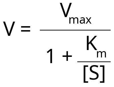 Reaction velocity (V) and Km Relationship Equation The equation to show the relationship between reaction velocity (V) and Km. V equals Vmax divided by 1 plus Km divided by the concentration of S.
