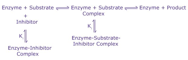 A general scheme of reversible enzyme inhibition. A general diagram showing reversible enzyme inhibition, including the creation of enzyme-inhibitor complexes, enzyme-substrate complexes, and enzyme-substrate-inhibitor complexes.