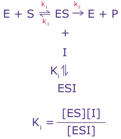 The equation for uncompetitive inhibition including variables for enzymes, substrates, and the inhibition constant. The equation for uncompetitive inhibition including variables for enzymes, substrates, and the inhibition constant.