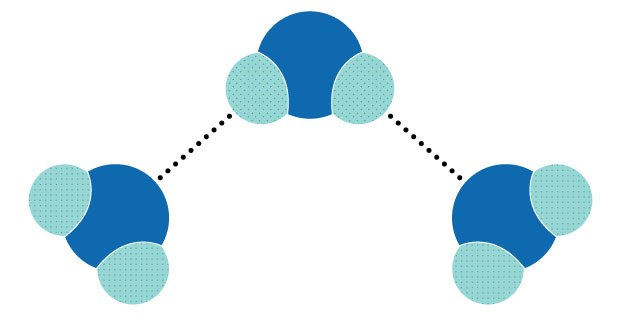 Diagram showing the concept of hydrogen bonding between three water molecules. Hydrogen bonds are represented by dotted lines between hydrogen and oxygen atoms Diagram showing the concept of hydrogen bonding between three water molecules. Hydrogen bonds are represented by dotted lines between hydrogen and oxygen atoms