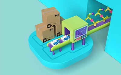 Designed RelyAbility with Highly Reproducible Conferma® ELISAs A CGI platform representing the Designed RelyAbility you can get with Conferma<sup>®</sup> ELISAs. Platform features a conveyer belt coming out of a wall with an illustration of sandwich ELISAs on one side going through a compartment with a screen on it showing a single curve graph. Millipore<sup>®</sup> kit boxes are coming out of the other side of the compartment. Plain carboard boxes are stacked in the background.