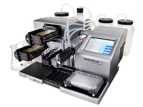 Image of the BioTek® Microplate MultiFlo™ FX Automated Washer (Cat. No. 40-099) which offers an automated multi-mode reagent dispenser for microplates and a color touchscreen user interface. Image of the BioTek® Microplate MultiFlo™ FX Automated Washer (Cat. No. 40-099) which offers an automated multi-mode reagent dispenser for microplates and a color touchscreen user interface.