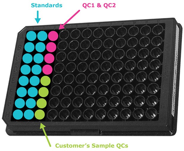 MILLIPLEX® Multiplex Assay 96-Well Plate Map Sample 96-well plate map for MILLIPLEX® multiplex assays showing placement of standards, QCs, and samples where 38 samples can be analyzed in duplicate.