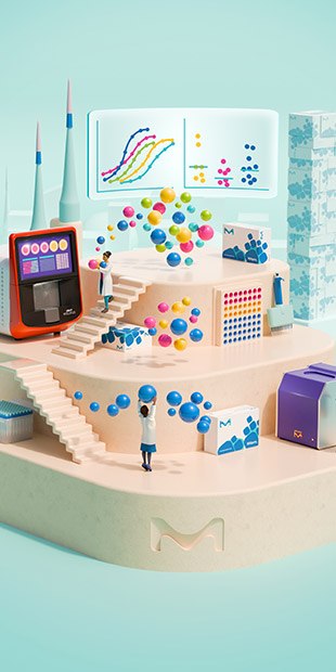 CGI graphic showing a platform with 3 levels. Above the levels is a floating screen showing data with S-curve line graphs and box-and-whisker plots. The top level shows a Millipore kit box with a large number of floating beads. This level represents the MILLIPLEX® screening multiplex panel. A female scientist with a white lab coat is carrying one of the beads down a flight of stairs to the 2nd level, representing how researchers can transition from the screening kits to the MILLIPLEX® qualified multiplex panels. The floating beads are following her down. Next to the stairs is an enlarged xMAP® INTELLIFLEX® instrument and under the stairs is another Millipore kit box. A smaller group of beads can be seen floating on the 2nd level, as well as an enlarged well plate and multi-channel pipette on the sides of the level. Another flight of stairs is seen going to a 3rd bottom level that is slightly hidden. An enlarged single channel pipette and the top of the ultrasensitive SMCxPRO<sup>®</sup> instrument is shown. CGI graphic showing a platform with 3 levels. Above the levels is a floating screen showing data with S-curve line graphs and box-and-whisker plots. The top level shows a Millipore kit box with a large number of floating beads. This level represents the MILLIPLEX® screening multiplex panel. A female scientist with a white lab coat is carrying one of the beads down a flight of stairs to the 2nd level, representing how researchers can transition from the screening kits to the MILLIPLEX® qualified multiplex panels. The floating beads are following her down. Next to the stairs is an enlarged xMAP® INTELLIFLEX® instrument and under the stairs is another Millipore kit box. A smaller group of beads can be seen floating on the 2nd level, as well as an enlarged well plate and multi-channel pipette on the sides of the level. Another flight of stairs is seen going to a 3rd bottom level that is slightly hidden. An enlarged single channel pipette and the top of the ultrasensitive SMCxPRO<sup>®</sup> instrument is shown.